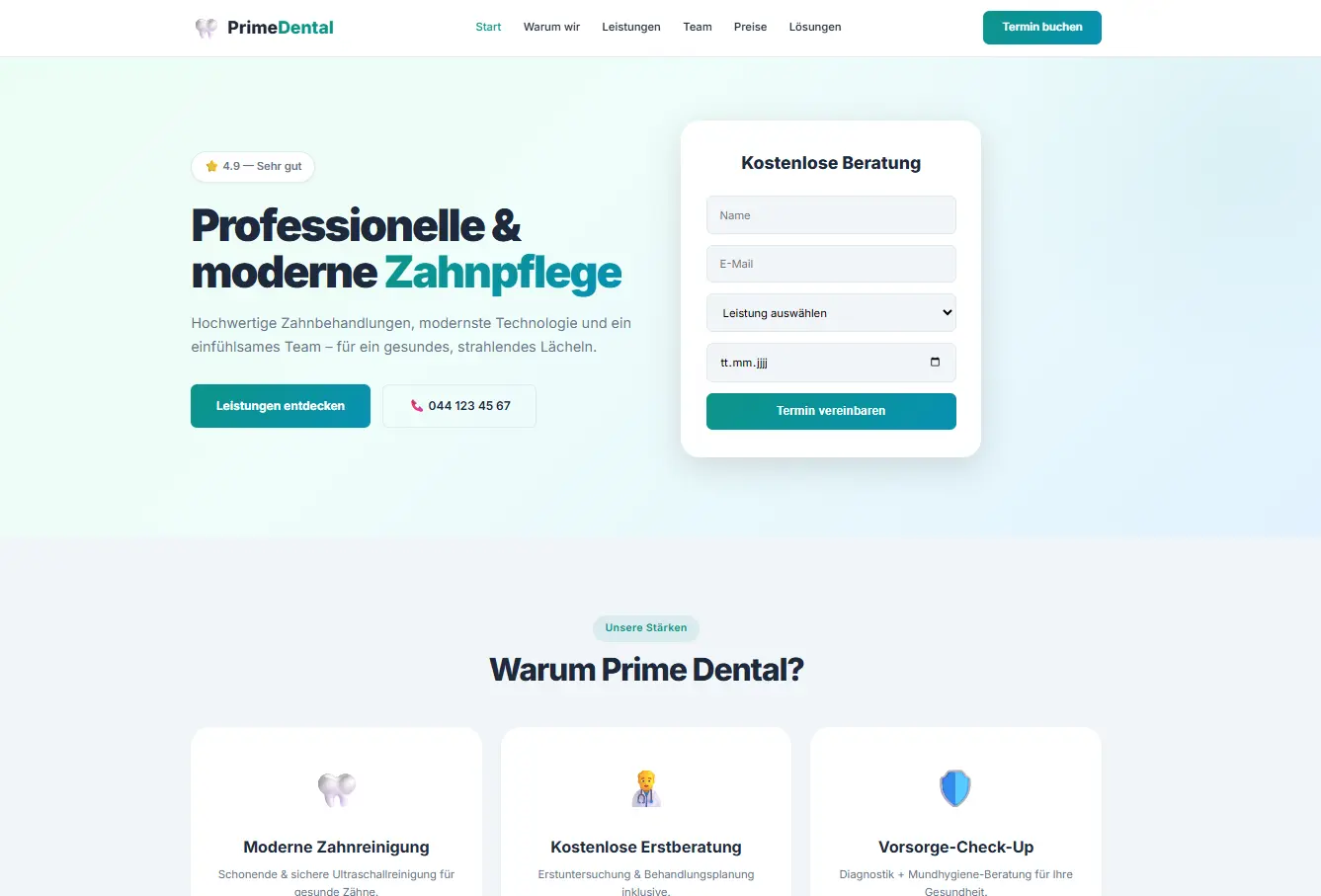 Prime Dental Zahnpflege Website
